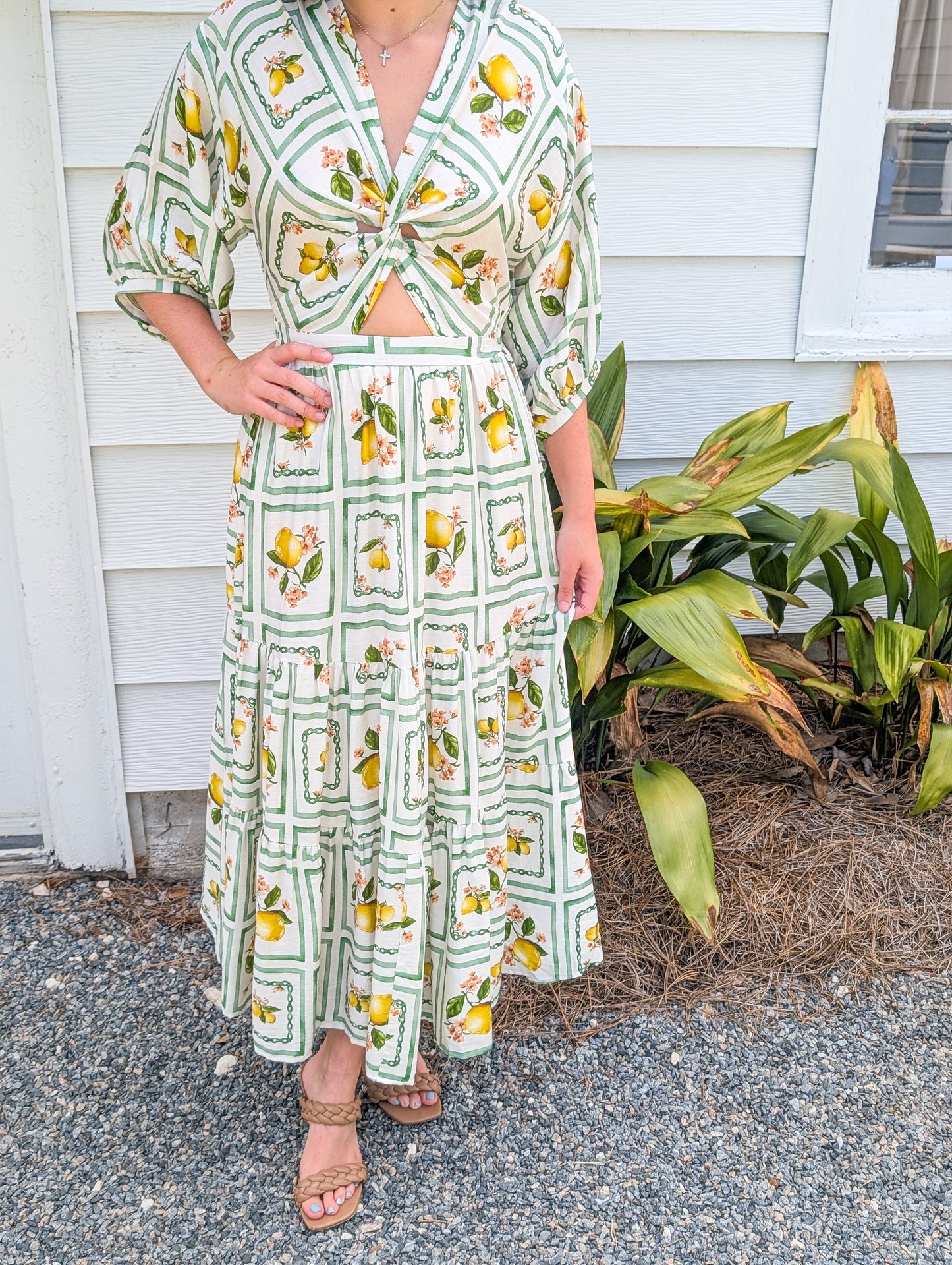 Lemon Delight Three Quarter Length Cutout Maxi Dress