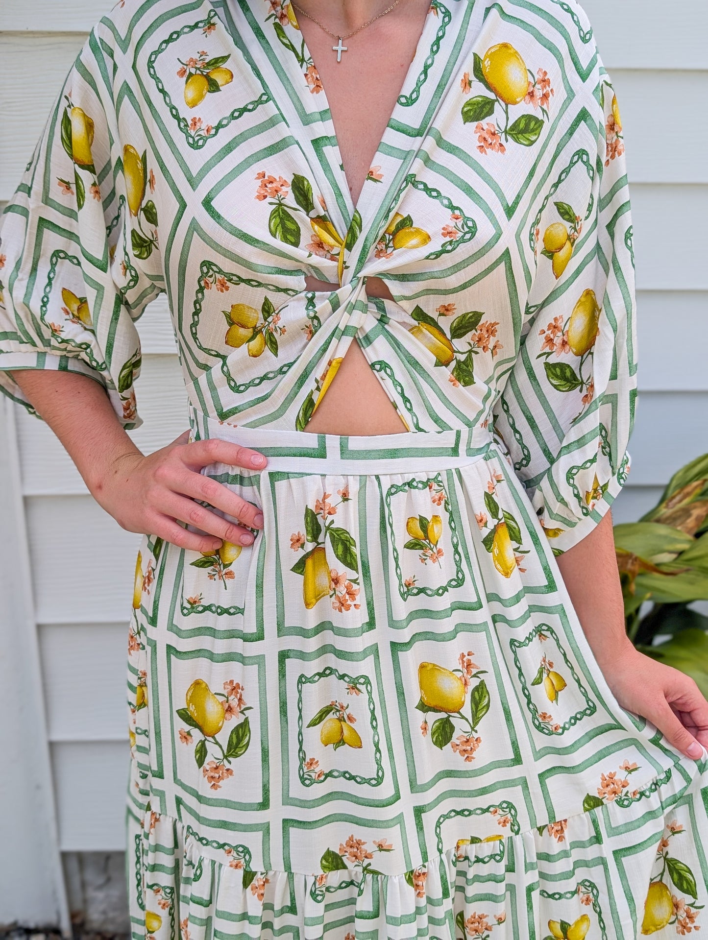 Lemon Delight Three Quarter Length Cutout Maxi Dress