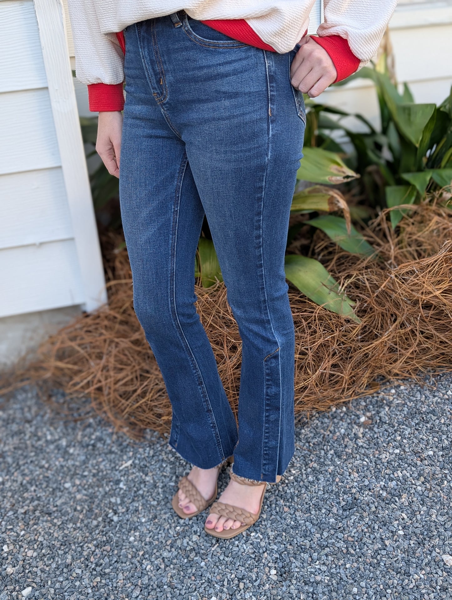 Lunna High Rise Bootcut Denim Jeans Featuring Button Seam