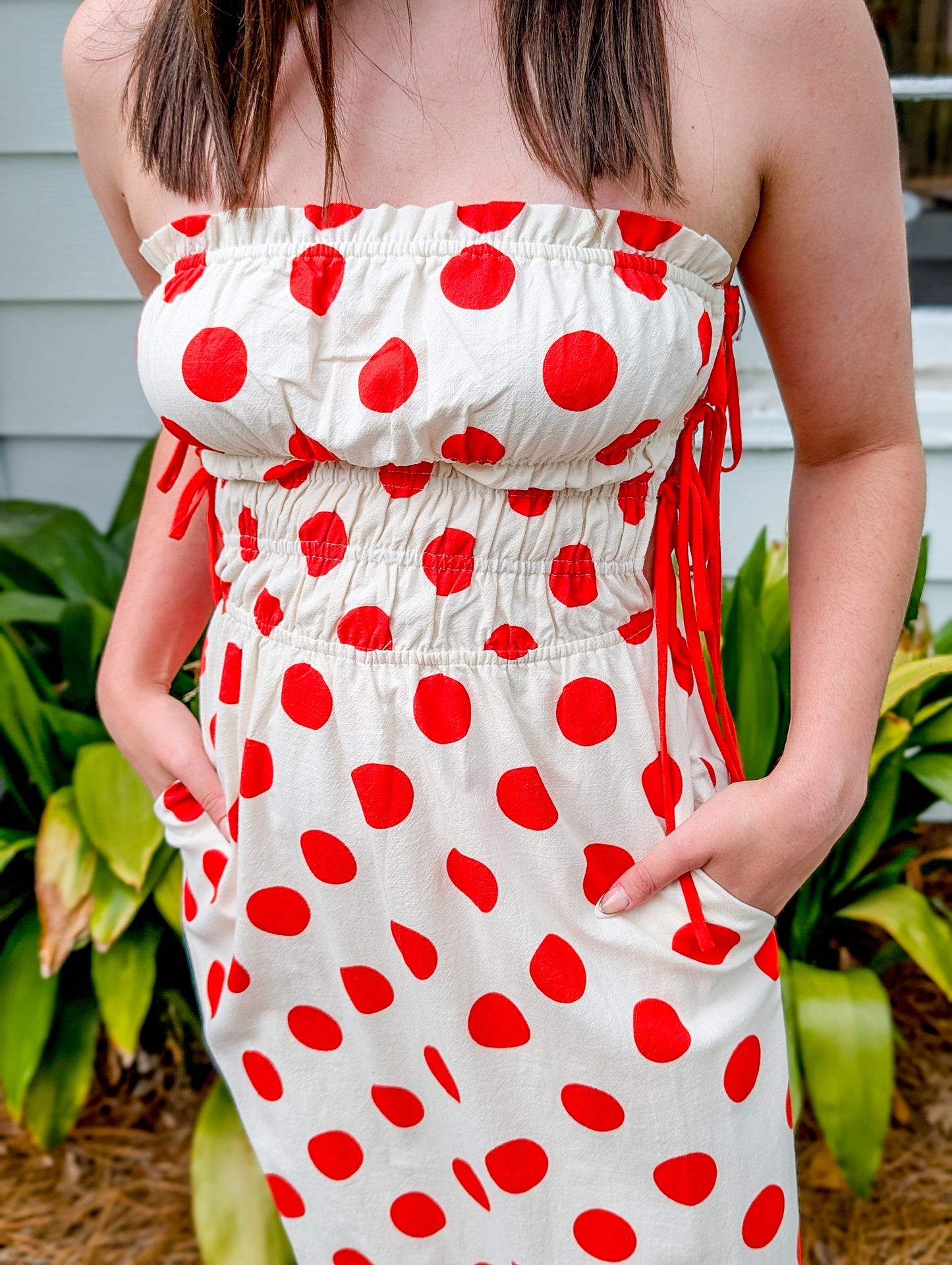 Poppy Red Polka Dot Strapless Dress