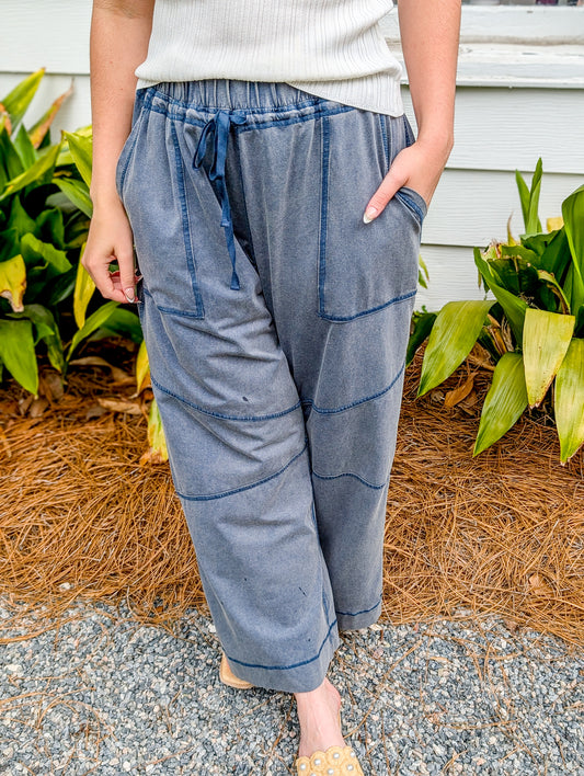 Exposed Seam Blue Mineral Wash Draw String Pants