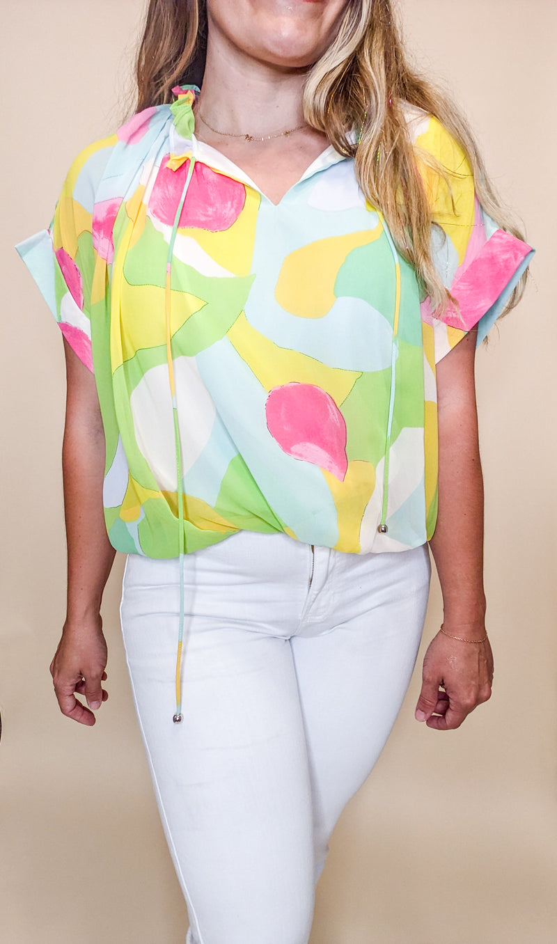 Neon Pastel Abstract Tie Ruffle Neckle Short Sleeve Bubble Top
