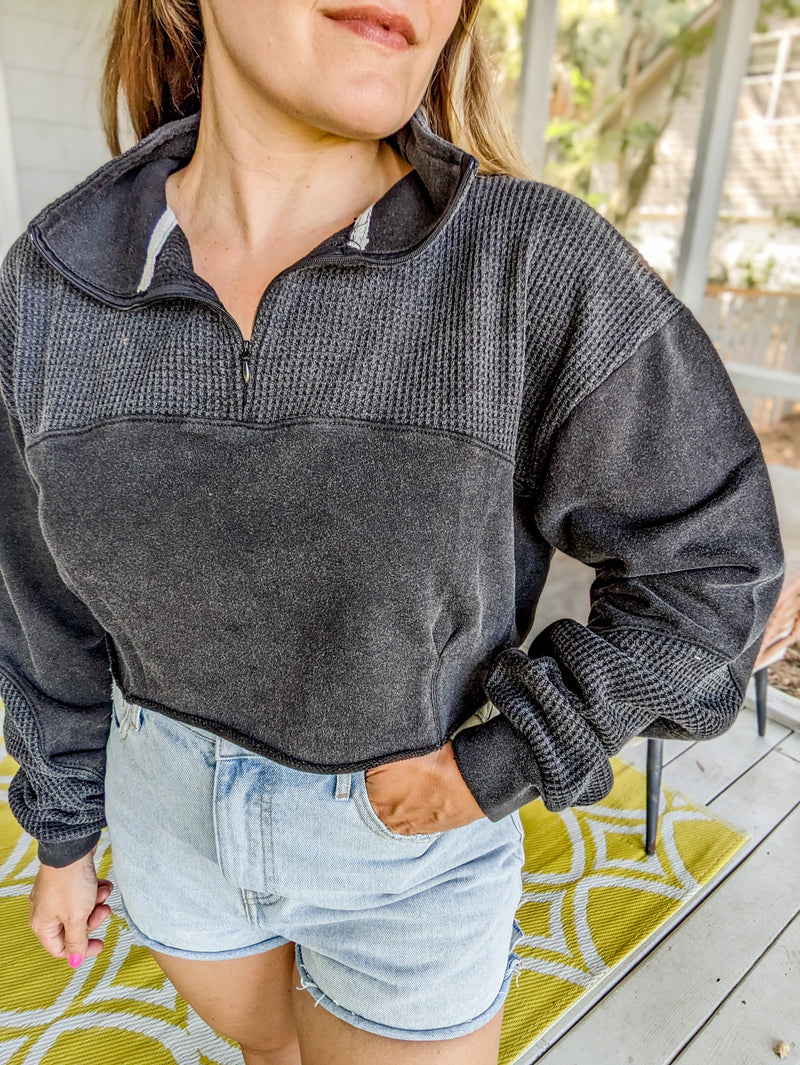 Charcoal french terry long sleeve cropped top