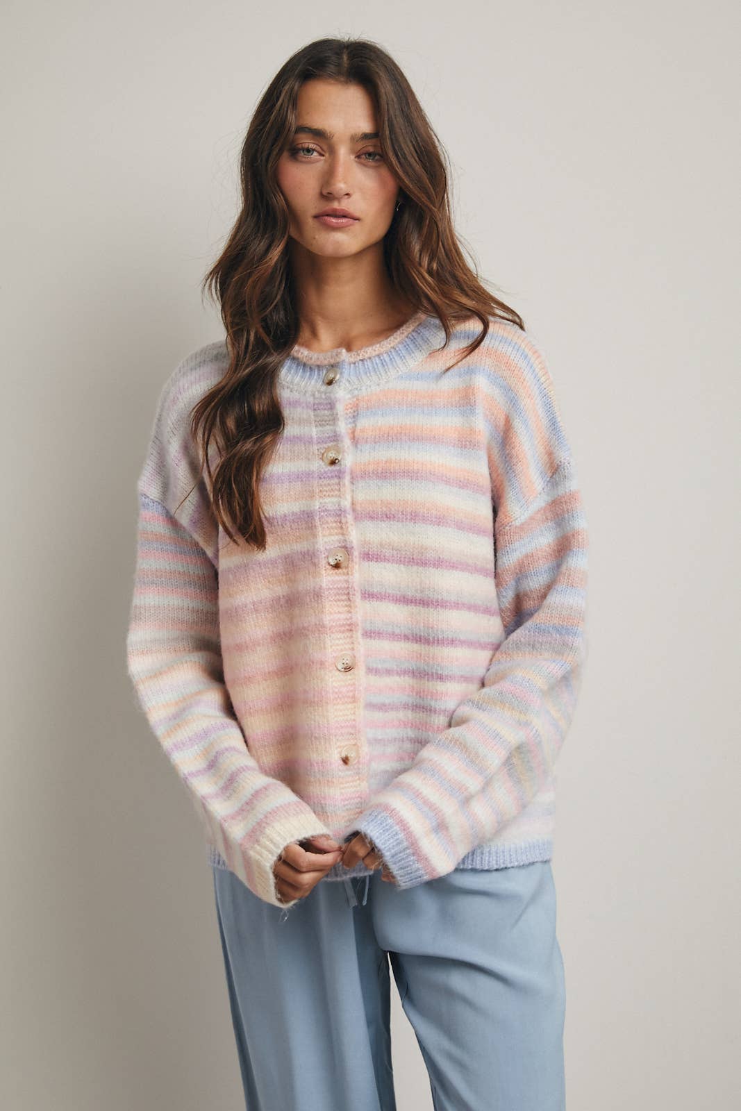 Rainbow Button-Up Knit Sweater Cardigan