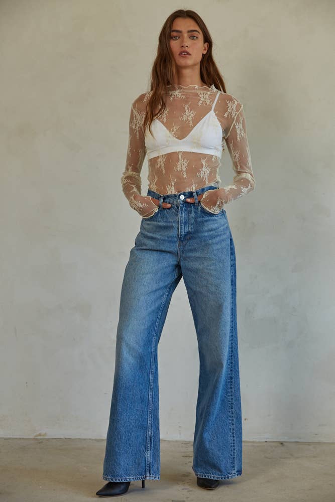 Knit Jacquard Lace Long Sleeve Mock Neck Top