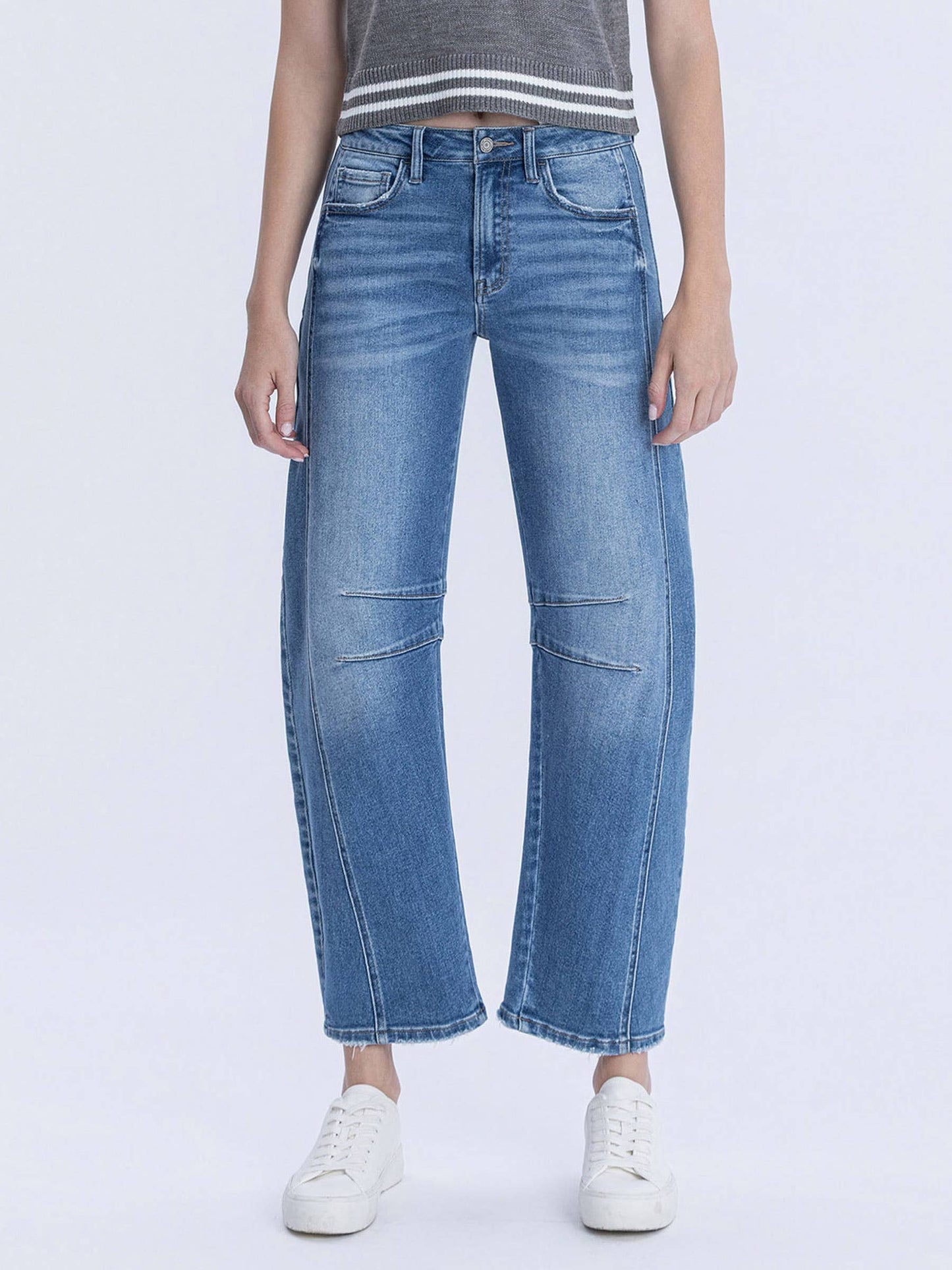 Medium Washed High Rise Crop Barrel Jeans