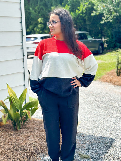 Red, White & Black Color Block Round Neck Cloudy Knit Top