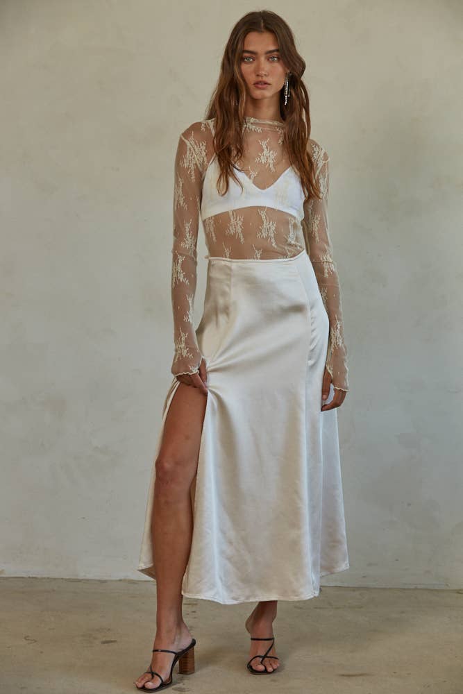 Knit Jacquard Lace Long Sleeve Mock Neck Top