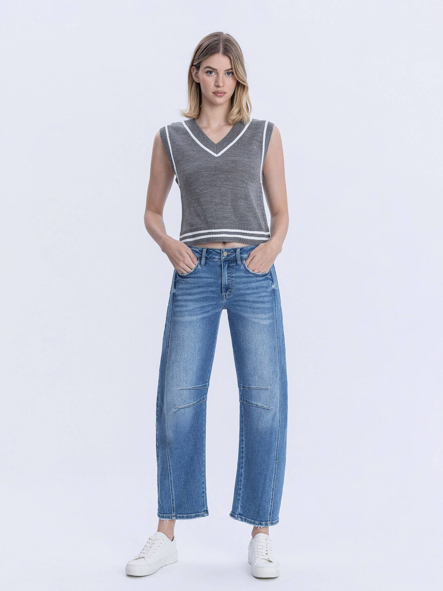 Medium Washed High Rise Crop Barrel Jeans