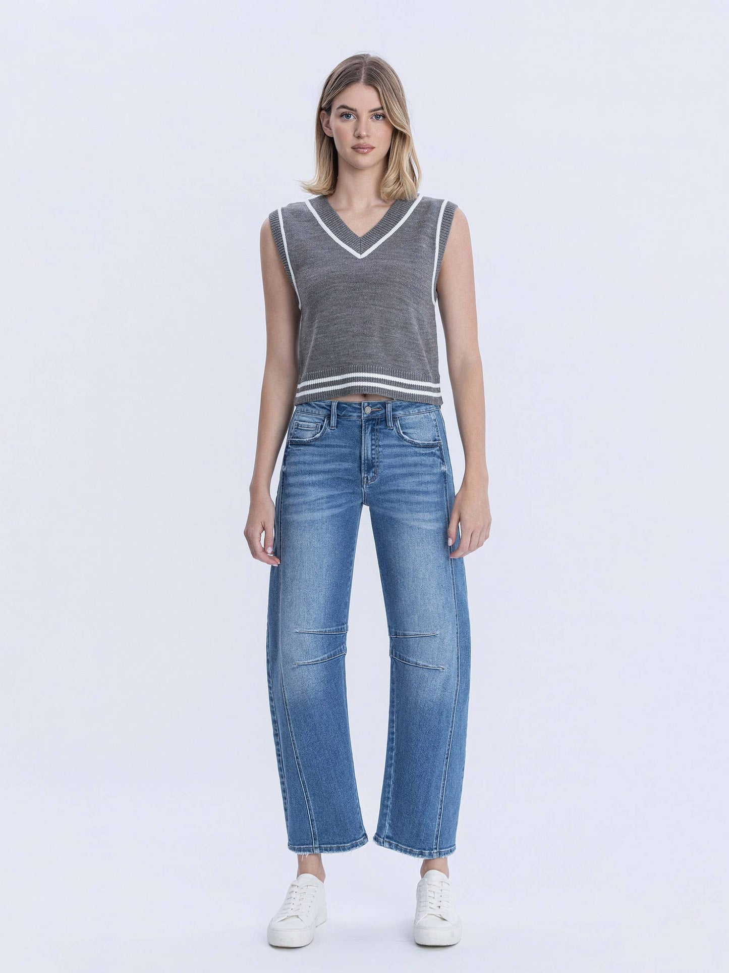 Medium Washed High Rise Crop Barrel Jeans