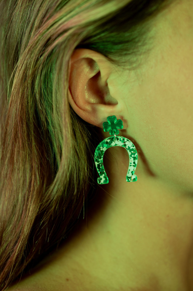 Lucky Horse Shoe Acrylic Steel Post Statement Earring