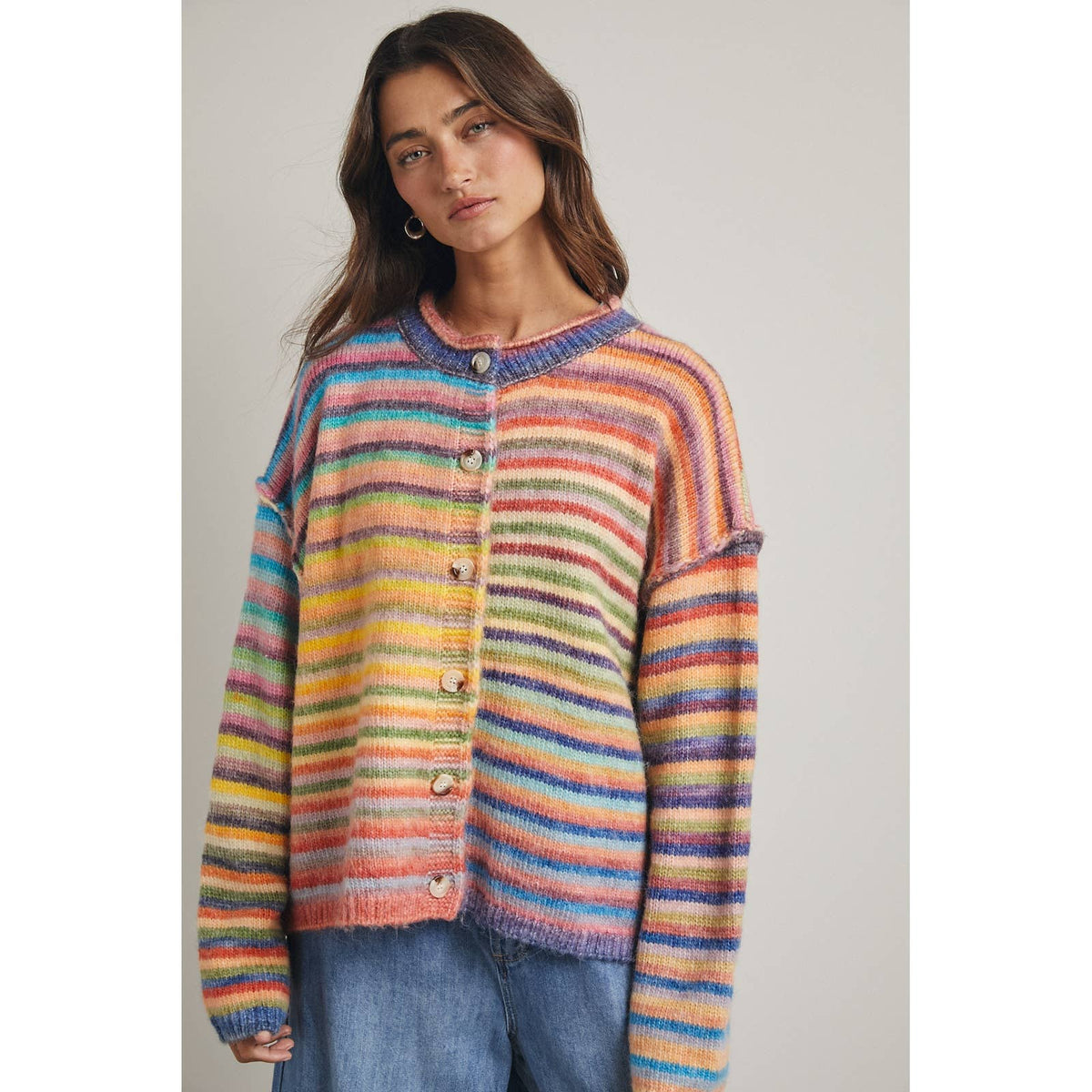 Rainbow Button-Up Knit Sweater Cardigan