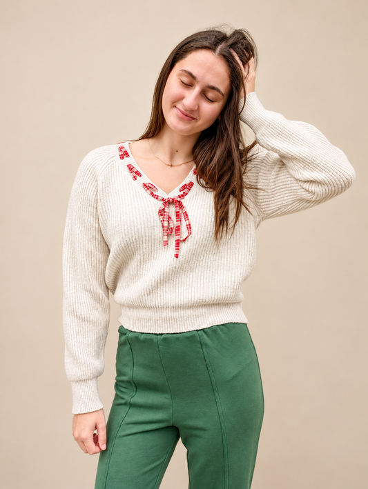 Hostess Plaid Lace Trim Sweater