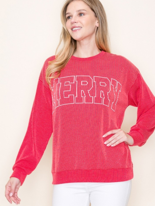 Red ribbed long sleeve Merry graphic