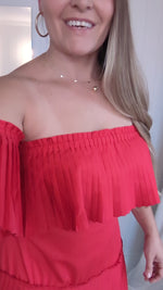 Red Off Shoulder Pleated Poplin Mini Dress