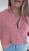 Pink gauze button front shirt with pocket