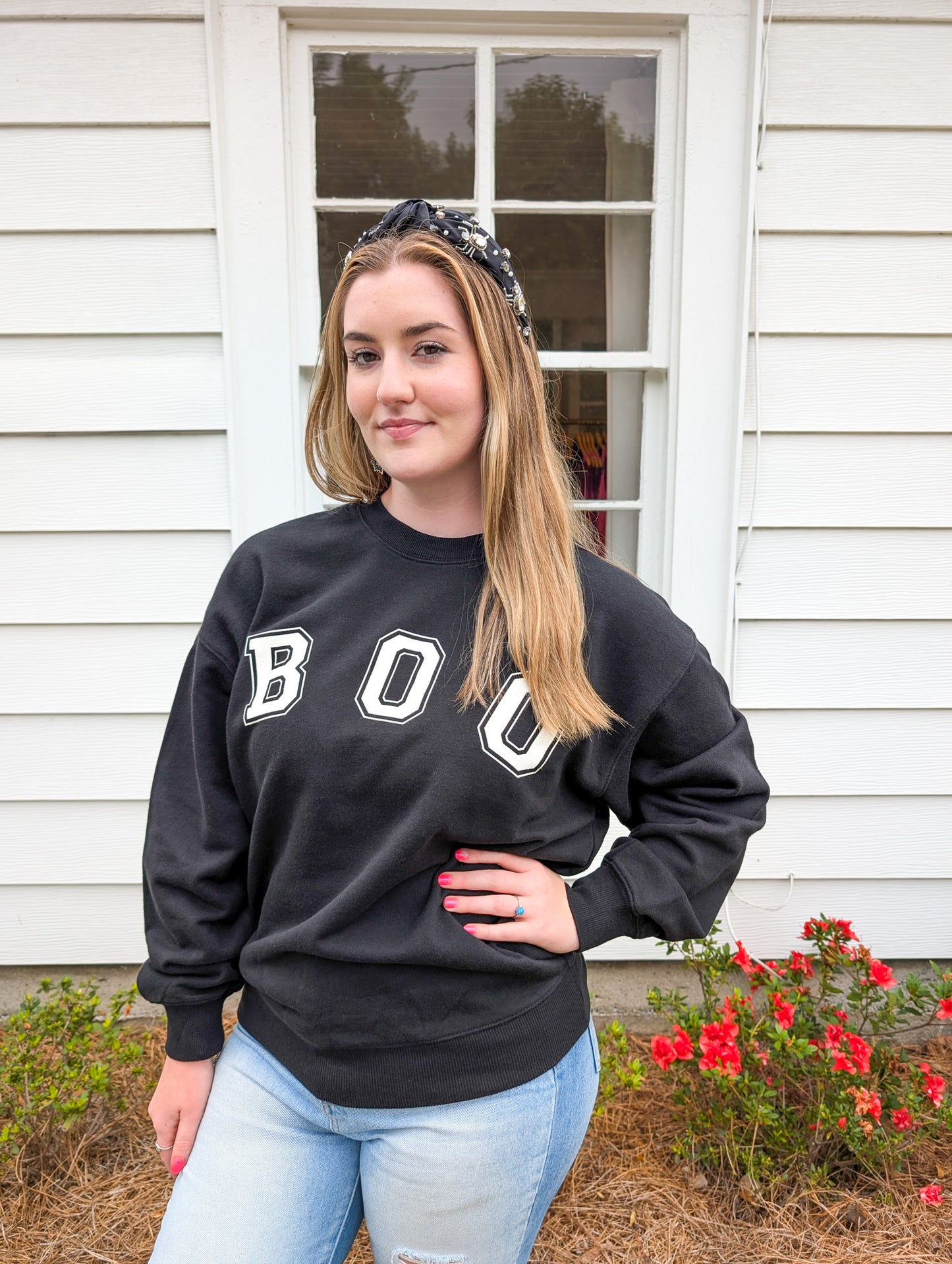 *FINAL SALE* White Boo Stencil Lettering Graphic Sweatshirt
