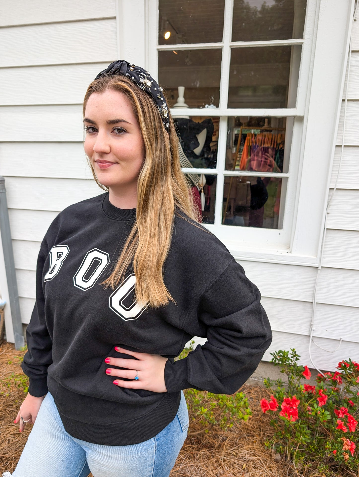 *FINAL SALE* White Boo Stencil Lettering Graphic Sweatshirt
