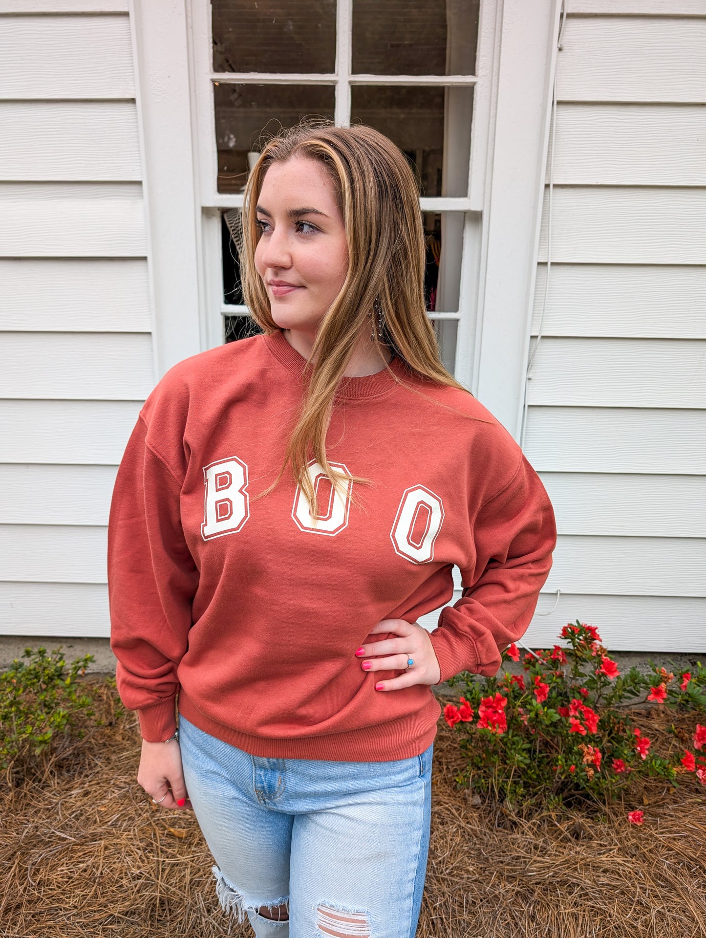 *FINAL SALE* White Boo Stencil Lettering Graphic Sweatshirt