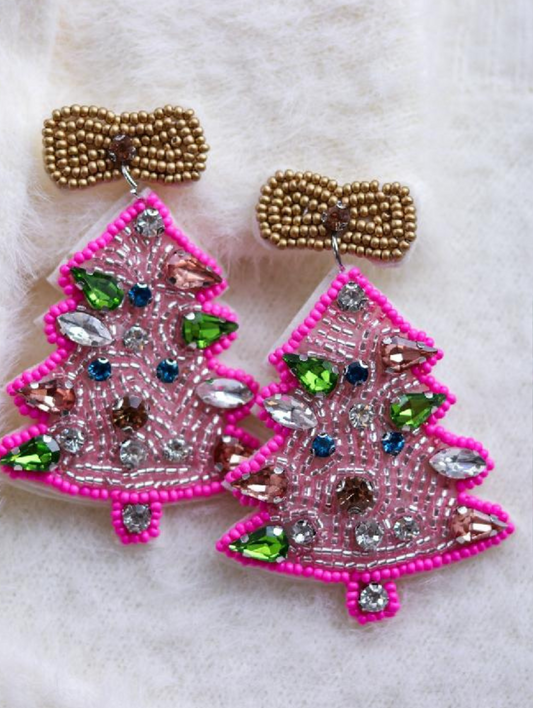 *Final Sale* Beaded Gold Bow Rhinestone Christmas Statement Earring with Colorful Stones