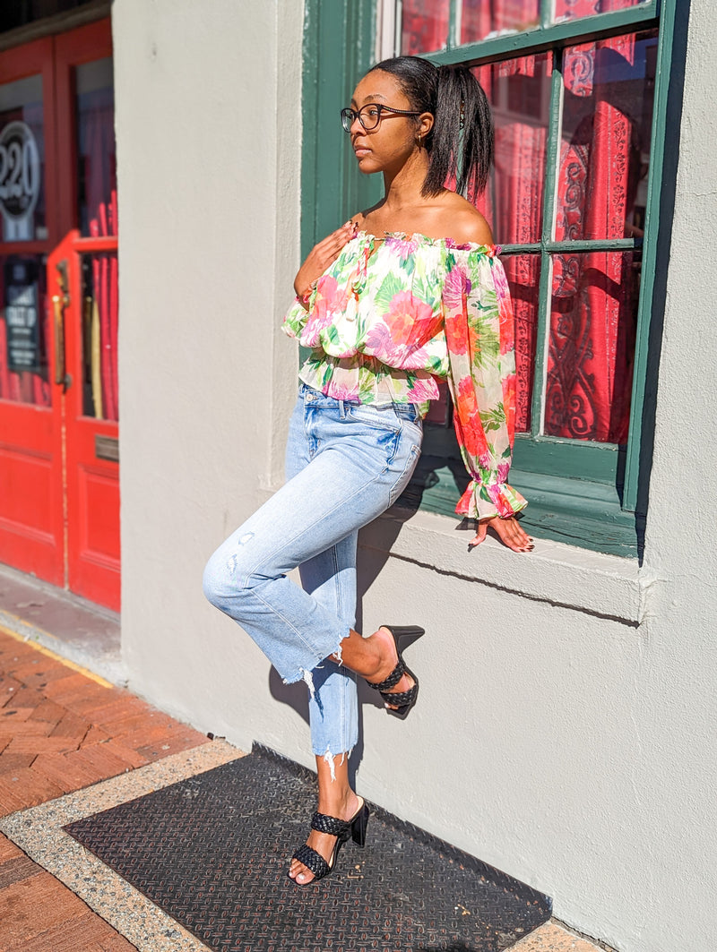 Multi Color Floral Off the Shoulder Ruffle Long Sleeve Blouse
