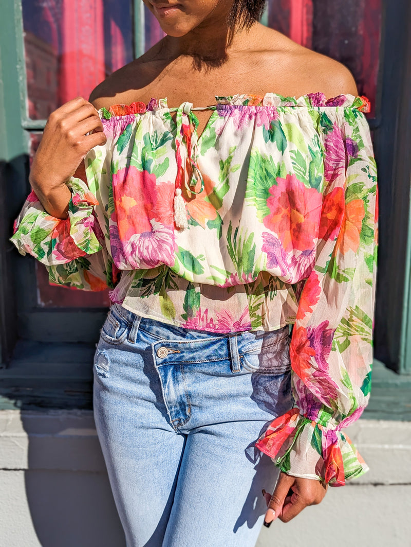Multi Color Floral Off the Shoulder Ruffle Long Sleeve Blouse