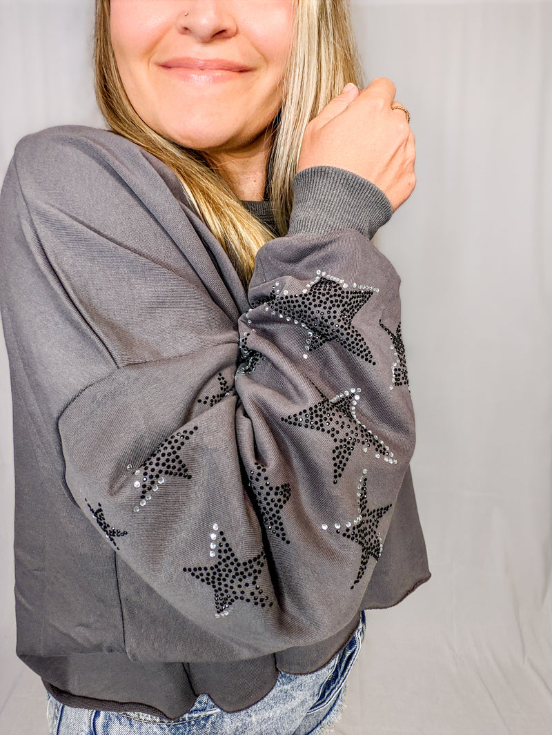 Grey and Black Star Studded Cropped Sweat Shirt