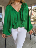 Kelly Green Silk Shirred Blouse with Open Tie Back
