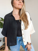 Cotton Black and Whtie Color Block Button Up Short Sleeve Top