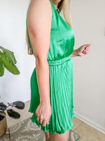 Emerald Green Satin V Neckline Pleated Skirt Dress
