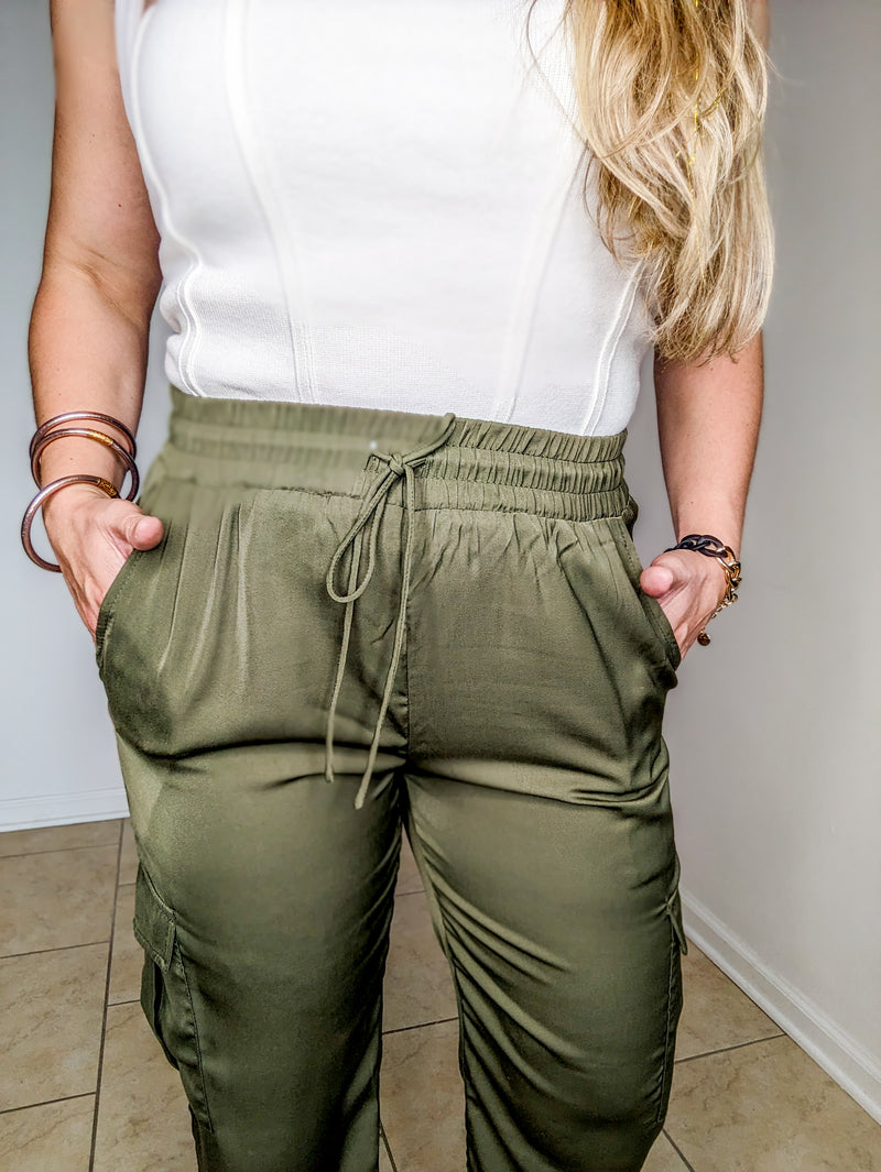 Olive Green Silky Cargo Joggers with Elastic Waist Band