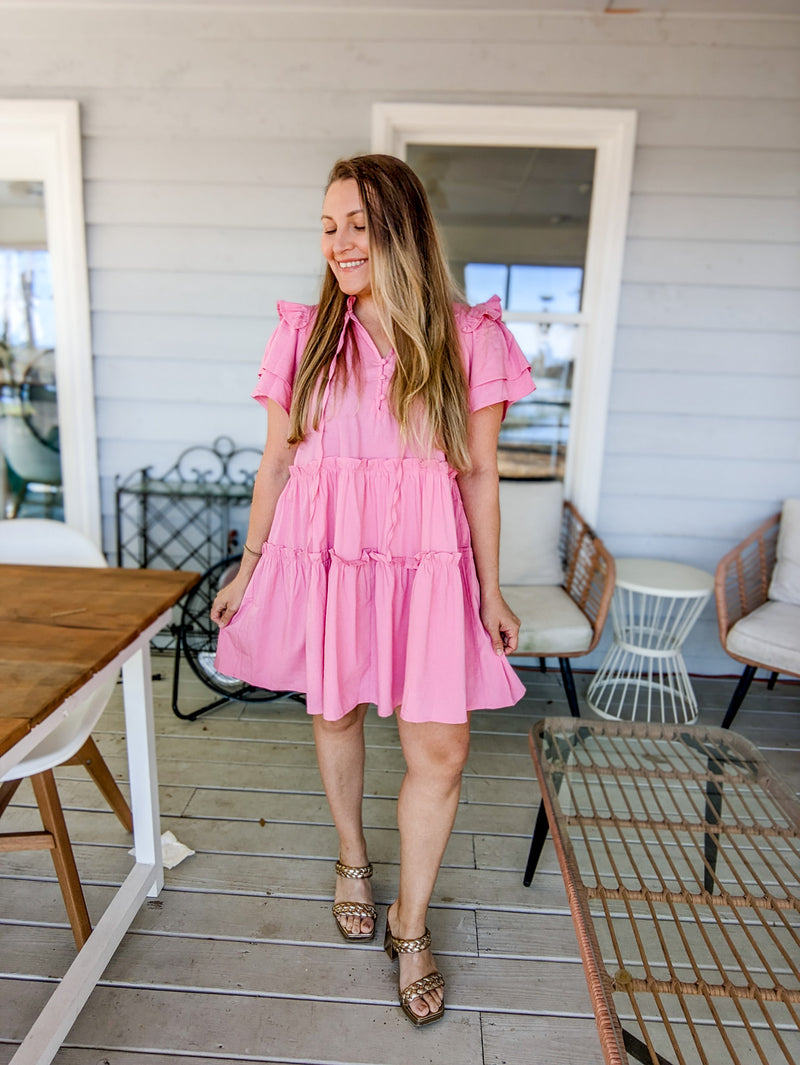 Bubble Gum Pink Ruffled Short Sleeve Dress
