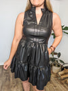 Black Faux Leather High Neck Tiered Dress