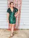 Emerald Sequin Deep V Neckline Mini Dress