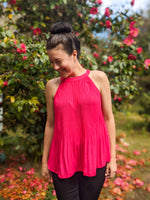 hot pink pleated halter top