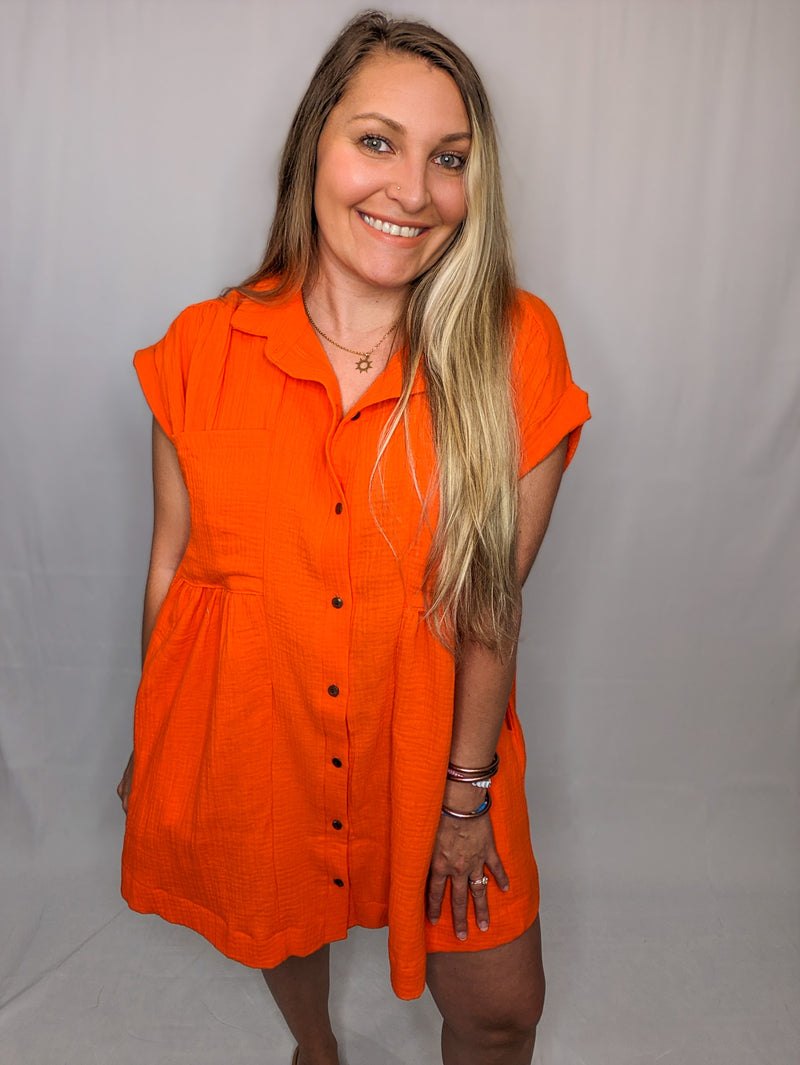 Orange Gauze Shirt Dress with Pockets